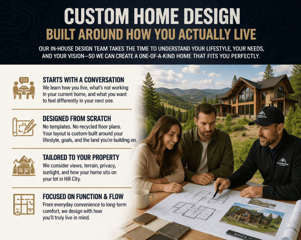 Custom home design consultation in Hill City, SD with Black Mountain Enterprises, showing homeowners reviewing floor plans with a builder against a Black Hills mountain home backdrop, highlighting a personalized custom home design process.